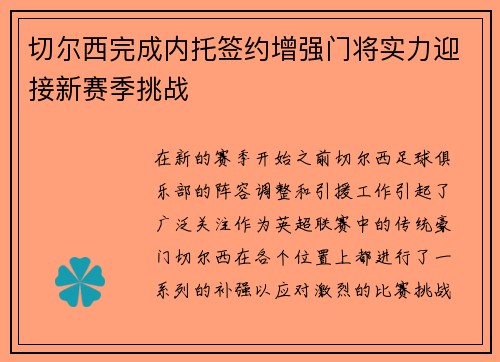切尔西完成内托签约增强门将实力迎接新赛季挑战