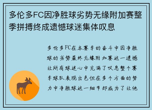 多伦多FC因净胜球劣势无缘附加赛整季拼搏终成遗憾球迷集体叹息